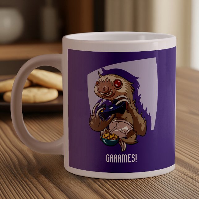 Gamer Eating Nachos in Underpants Cartoon Sloth Large Coffee Mug (Creator Uploaded)