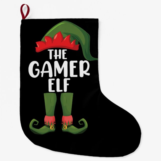 Gamer Elf Matching Family Christmas Gamer Large Christmas Stocking (Front)