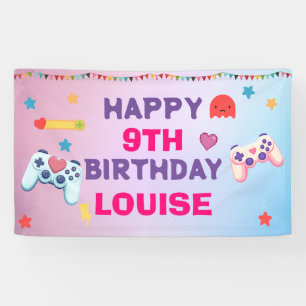 Gamer Girl Colorful Pink Video Game Birthday Banner