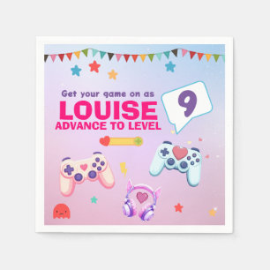 Gamer Girl Colorful Pink Video Game Birthday Napkin
