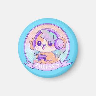 Gamer Girl Kawaii Chibi Dog & Headphones Baby Blue Magnet