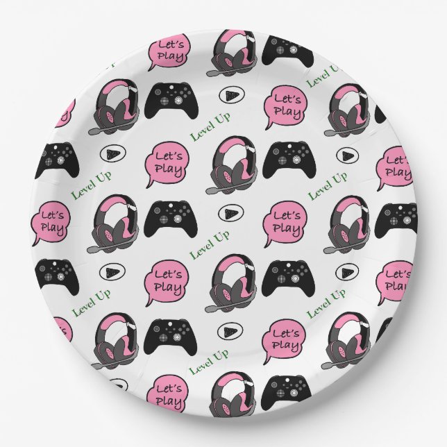 Gamer Girl Pink and Black Birthday Paper Plate (Front)