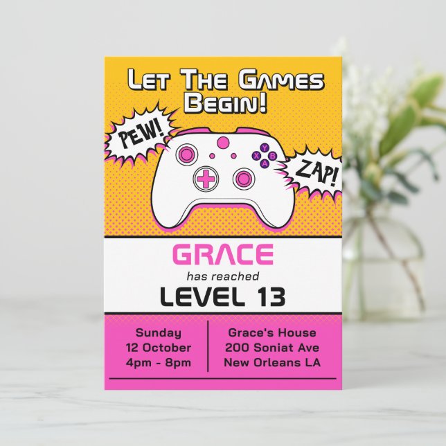 Gamer Girl Pink Yellow Controller 13th Birthday Invitation (Standing Front)