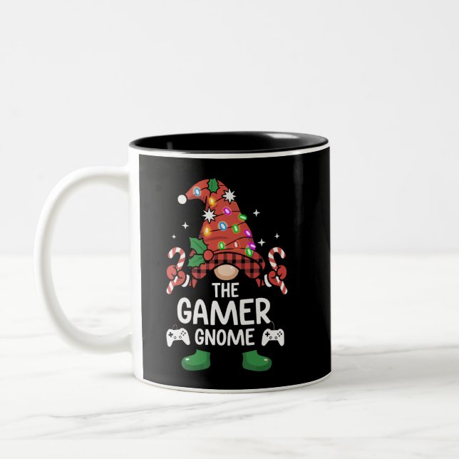 Gamer Gnome Buffalo Plaid Matching Family Xmas Two-Tone Coffee Mug (Left)