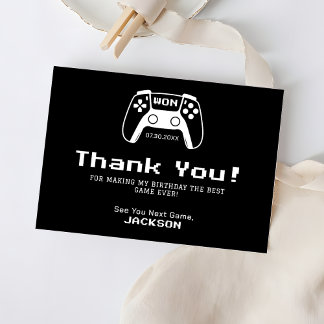 Gamer Kids Birthday Party Black and White Thank You Card