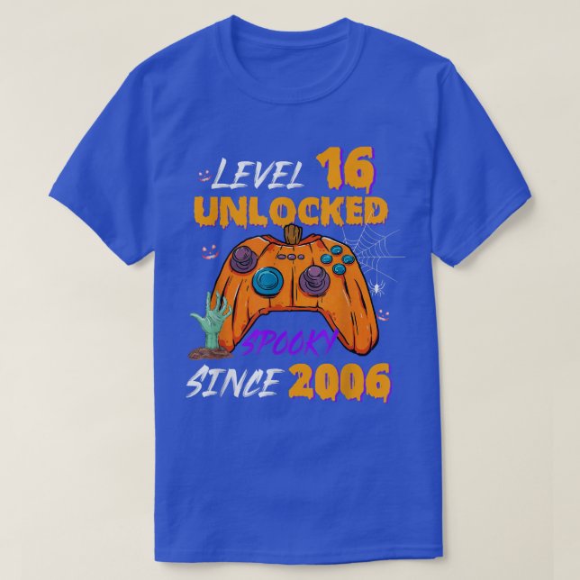 Gamer Level 16 Unlocked 16th Birthday Spooky Since T-Shirt (Design Front)