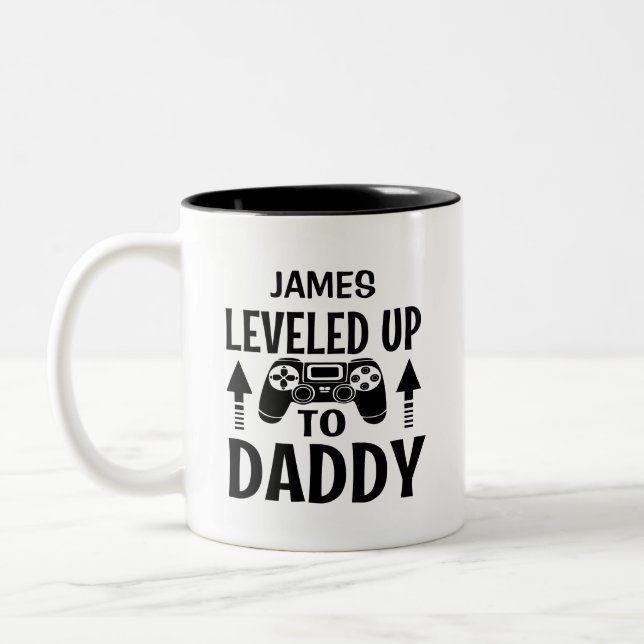 Gamer Levelled Up To Daddy Personalized Name Two-Tone Coffee Mug (Left)