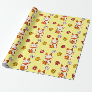 Gamer Maneki Neko Pattern with D20 Dice (Yellow) Wrapping Paper