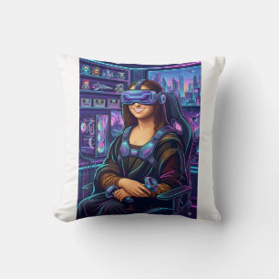Gamer Mona Lisa VR Headset Funny Cyberpunk Art Pri Throw Pillow