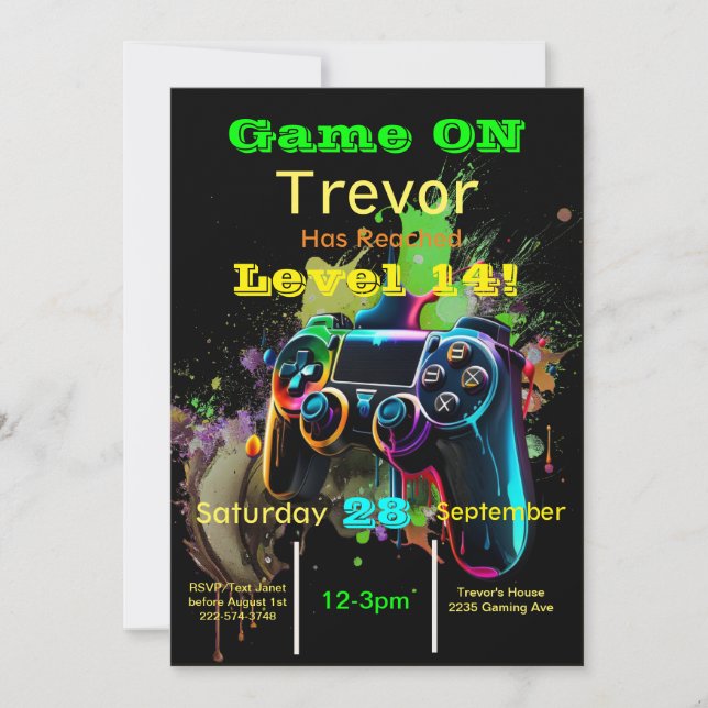 Gamer, Next Level, Player One, 14th Video Game  Invitation (Front)