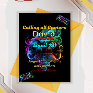 Gamer, Next Level, Player One Video Game Invitation