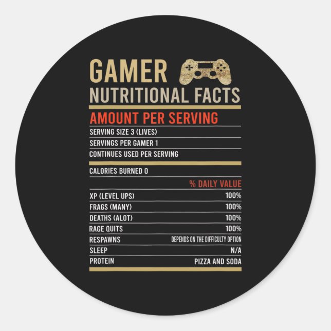 Gamer Nutritional Facts Cool Gamer Video Game Fun  Classic Round Sticker (Front)