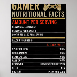 Gamer Nutritional Facts Cool Gamer Video Game Fun  Poster