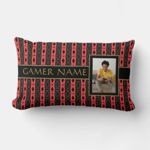 Gamer Party Name & Photo Red/Black Lumbar Pillow