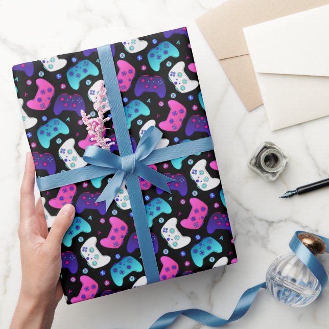 Gamer Pink Purple Cartoon Controller Pattern Wrapping Paper (Gifting)