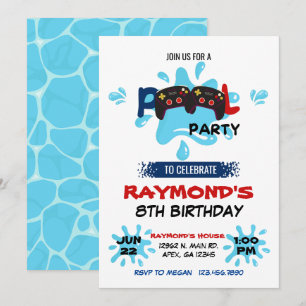 Gamer Pool Party Birthday  Invitation