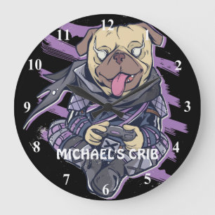 Gamer Pug Ninja Neon Look Teens Graphics Gift Cool Large Clock