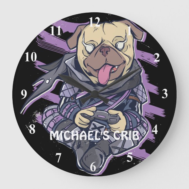 Gamer Pug Ninja Neon Look Teens Graphics Gift Cool Large Clock (Front)