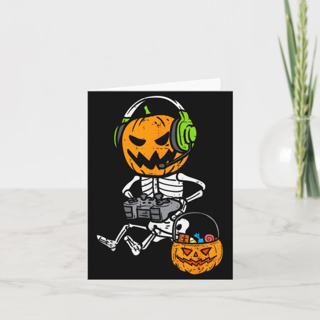 Gamer Pumpkin Skeleton Funny Halloween Gaming Boys Card (Front)