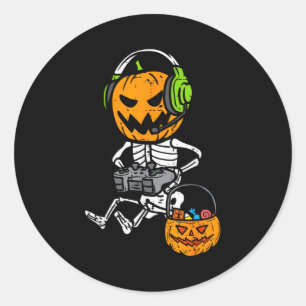 Gamer Pumpkin Skeleton Funny Halloween Gaming Boys Classic Round Sticker