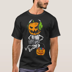 Gamer Pumpkin Skeleton Funny Halloween Gaming Boys T-Shirt