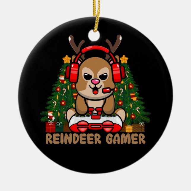 Gamer Reindeer Christmas Video Game Gaming Ceramic Ornament (Front)
