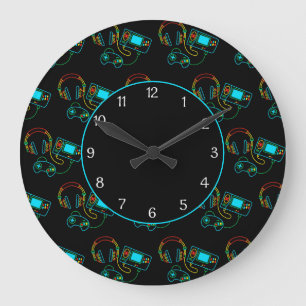 Gamer Retro Neon Pattern Black Large Clock