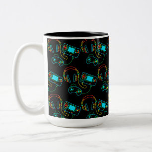 Gamer Retro Neon Pattern Black Two-Tone Coffee Mug