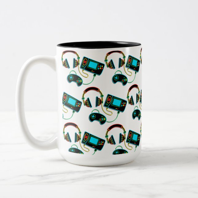 Gamer Retro Neon Pattern Two-Tone Coffee Mug (Left)