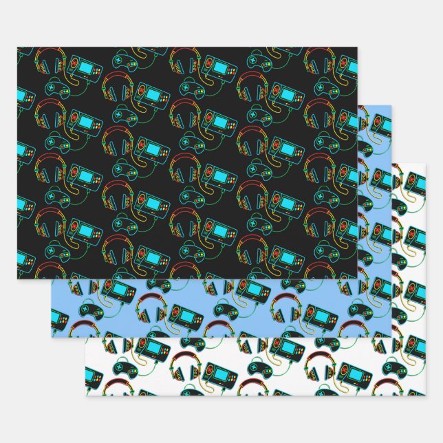 Gamer Retro Neon Pattern   Wrapping Paper Sheet (Set)