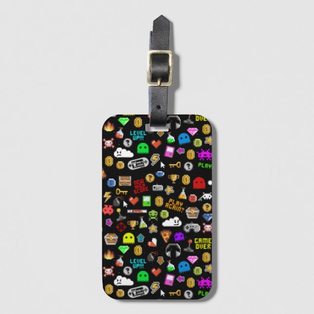 Gamer Retro Pixel Video Gaming Icons Luggage Tag (Front Vertical)