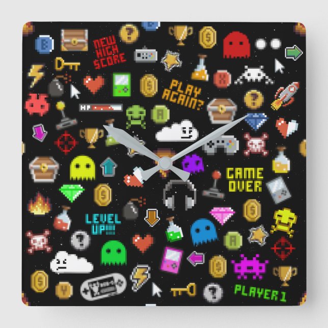 Gamer Retro Pixel Video Gaming Icons Square Wall Clock (Front)