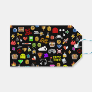 Gamer Retro Pixel Video Gaming Icons Wrapping Pape Gift Tags