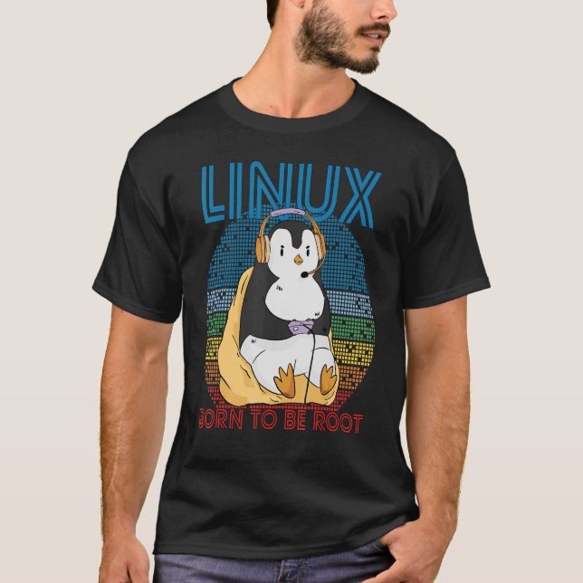 Gamer Root Retro Penguin Linux Nerd Programmer Gee T-Shirt (Front)
