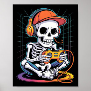 Gamer Skeleton Headphones Video Game Lover Hallowe Poster