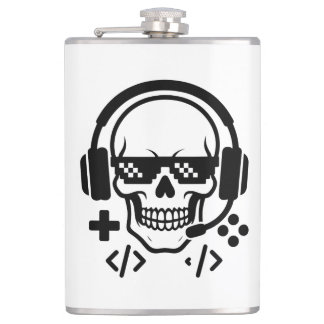 Gamer Skull Headset Pixel Glasses | Bold Black Vec Hip Flask