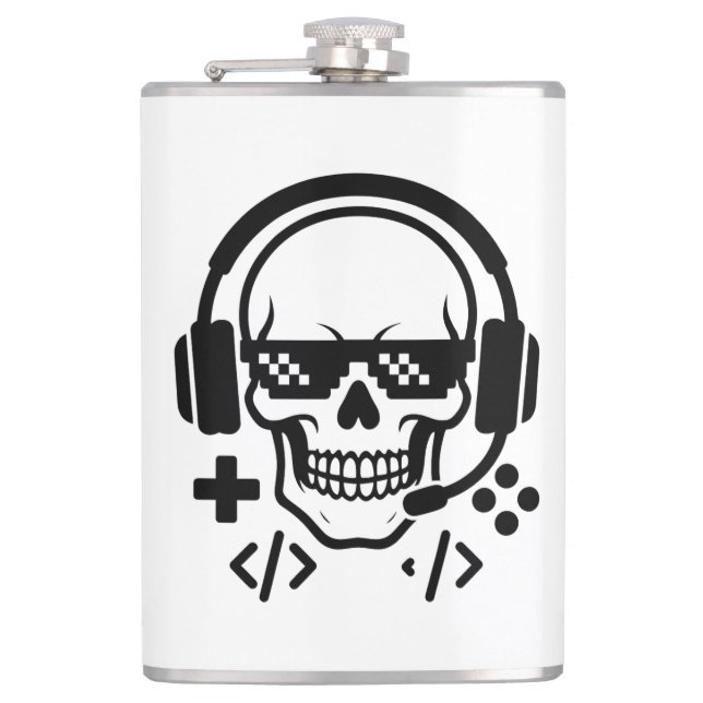 Gamer Skull Headset Pixel Glasses | Bold Black Vec Hip Flask (Front)