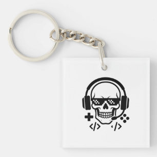 Gamer Skull Headset Pixel Glasses   Bold Black Vec Keychain