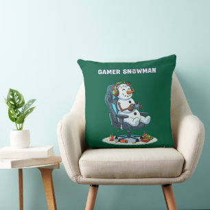 Gamer Snowman Christmas Lights Headset Controller Throw Pillow