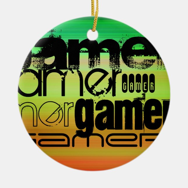 Gamer; Vibrant Green, Orange, & Yellow Ceramic Ornament (Front)