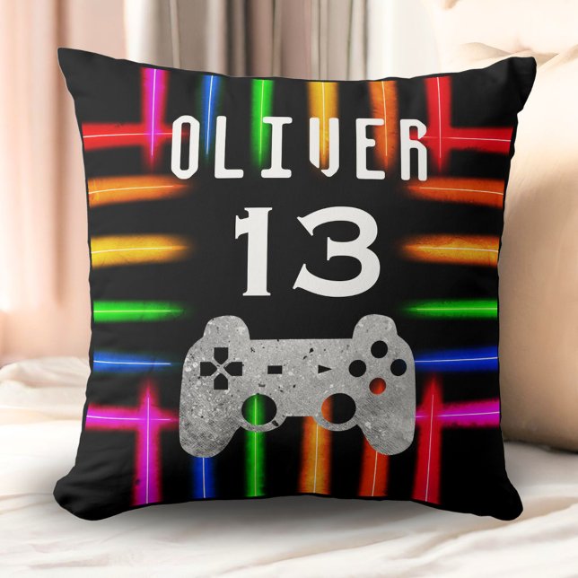 Gamer Video Game Controller Neon Birthday  Throw Pillow (Creator Uploaded)