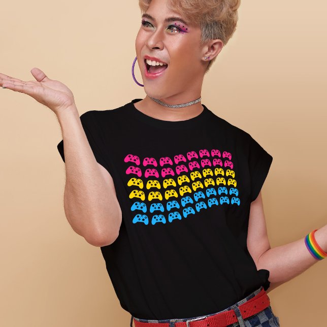 Gamer Video Game Controllers Pansexual Pride Flag  T-Shirt (Mockup of LGBT youth wearing the t-shirt. Photo by our-team on Freepik.)