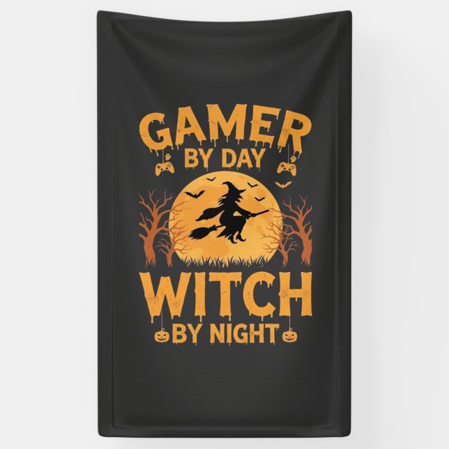 Gamer Witch Halloween Gaming Design Banner (Vertical)