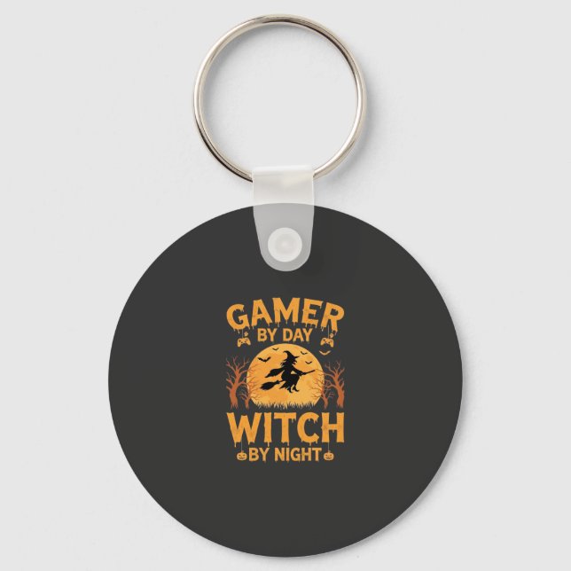 Gamer Witch Halloween Gaming Design Keychain (Front)