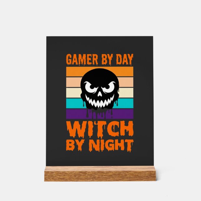 Gamer Witch Halloween Retro Skull Acrylic Sign (Front)