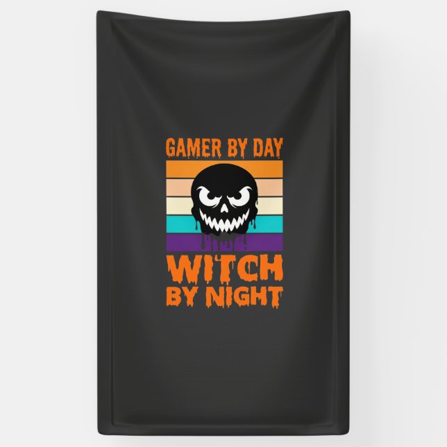 Gamer Witch Halloween Retro Skull Banner (Vertical)