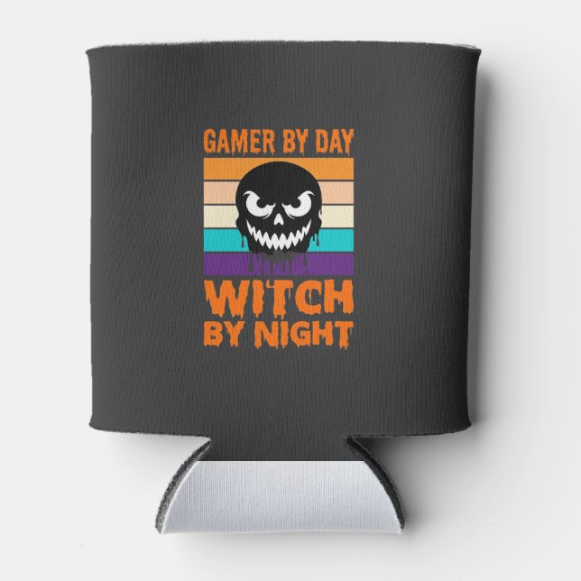 Gamer Witch Halloween Retro Skull Can Cooler (Front)