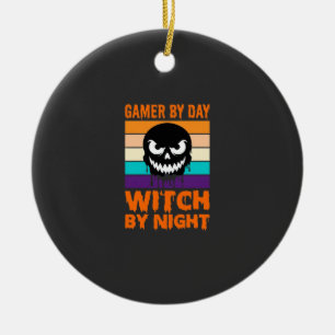 Gamer Witch Halloween Retro Skull Ceramic Ornament
