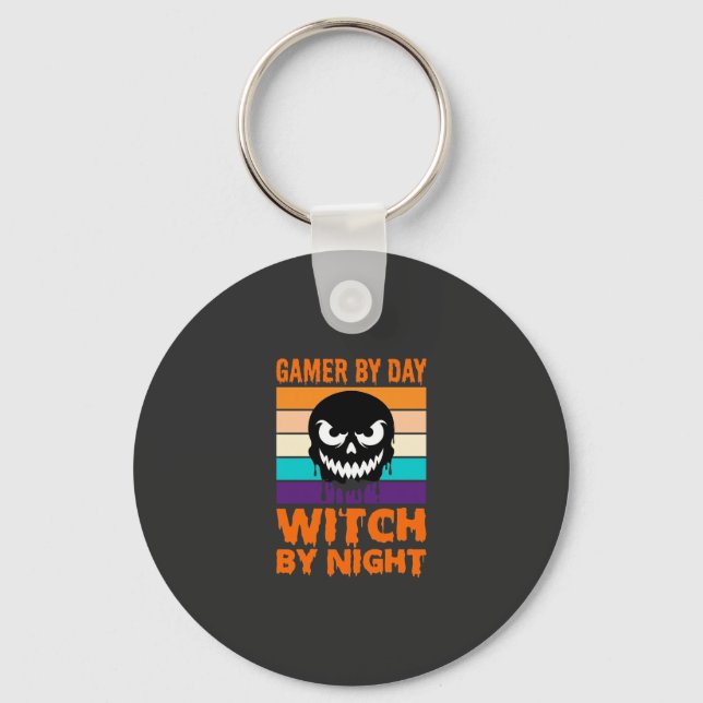 Gamer Witch Halloween Retro Skull Keychain (Front)