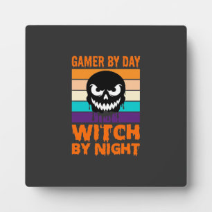 Gamer Witch Halloween Retro Skull Plaque